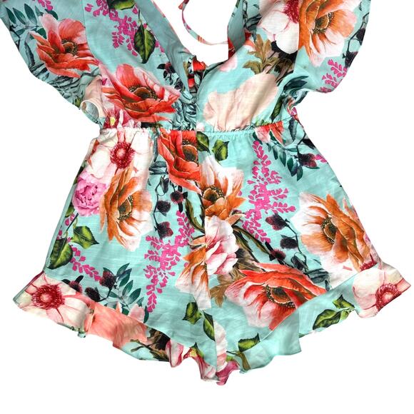 Tropical Floral Print Plunge Neck Romper Medium Flutter Ruffle Summer Resortwear - Picture 12 of 16
